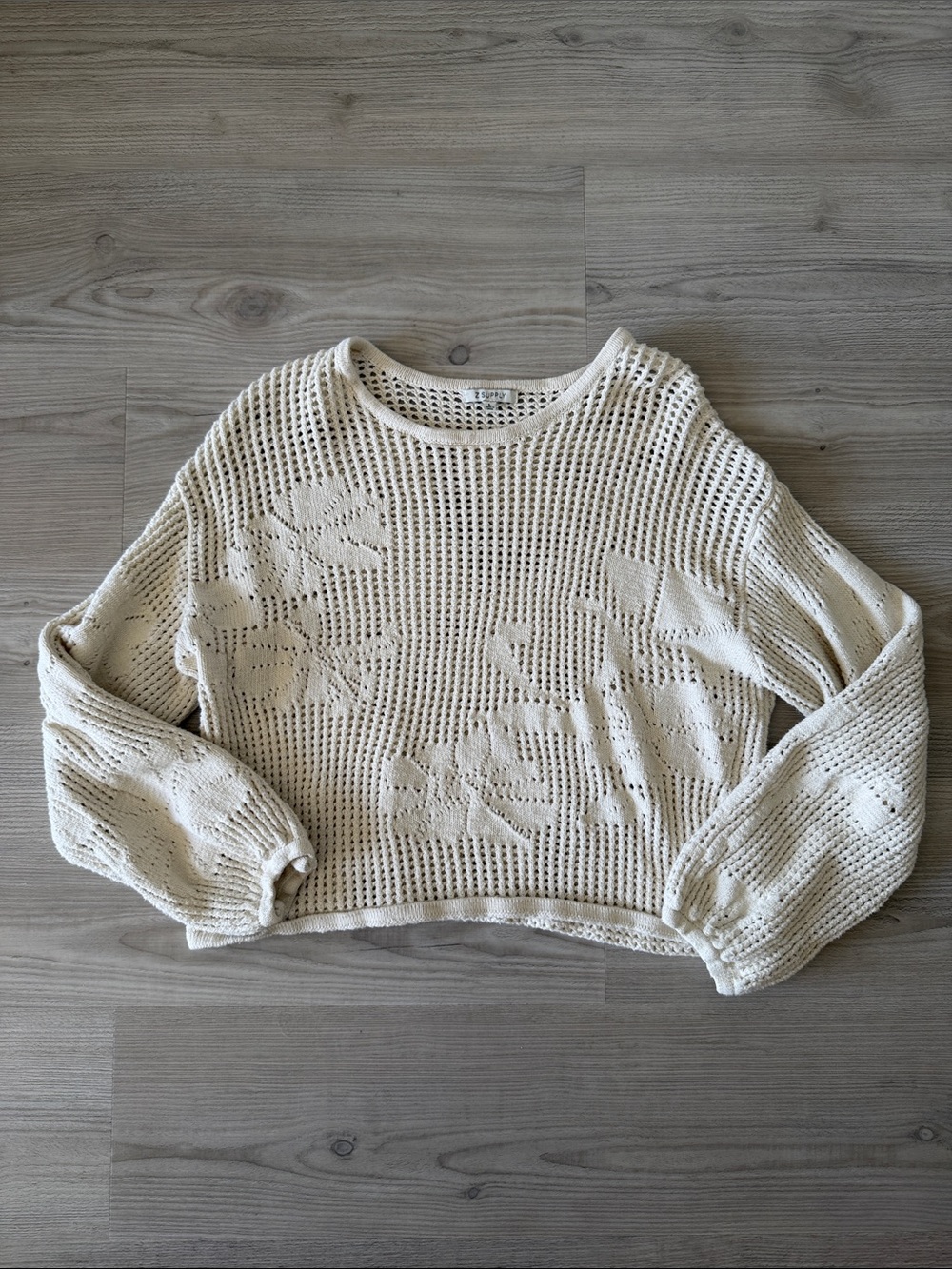 Z Supply Cream Open-Weave Floral Crewneck Sweater